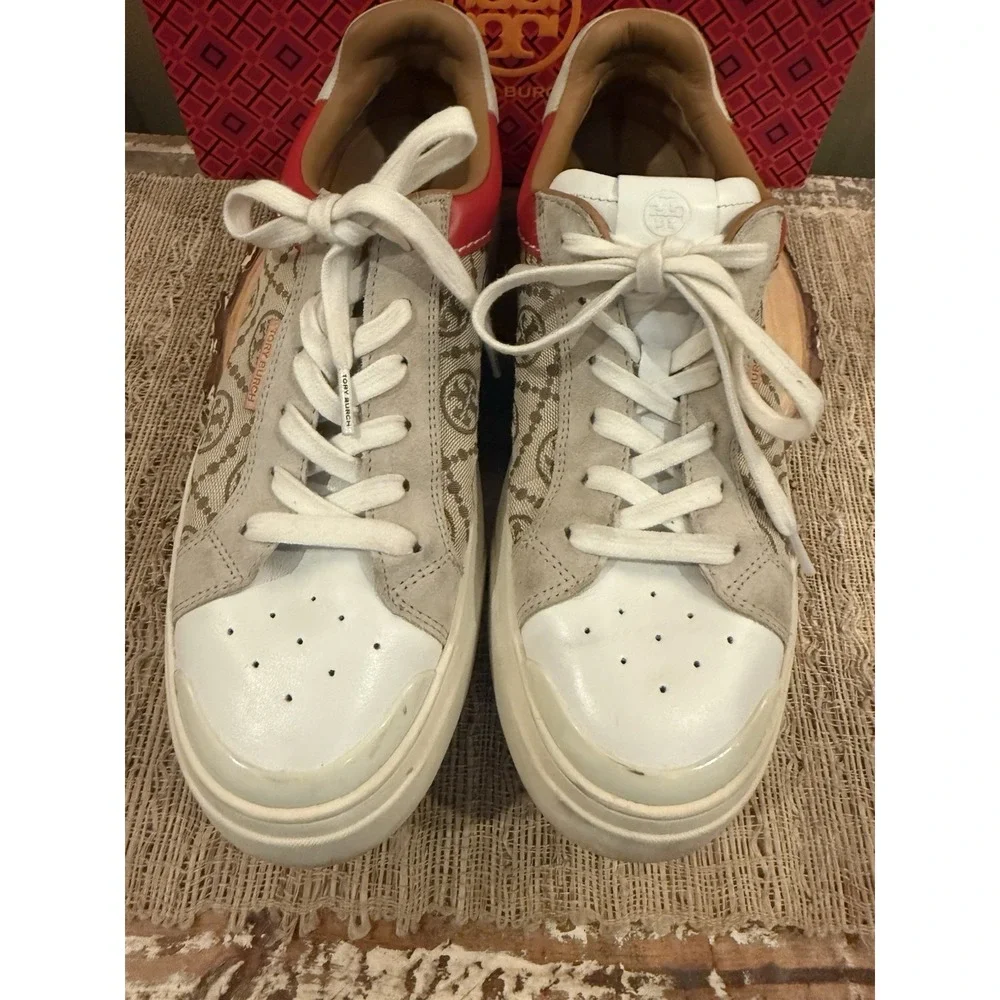 Tory Burch T Monogram Ladybug Court Sneaker 10.5M Beige Logo Red Leather Retro